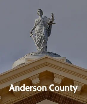 Statue of Lady Justice in Anderson County, symbolizing fairness and the county's legal heritage.