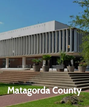 Matagorda County courthouse with clean modern architecture and open steps, symbolizing local governance and community services.