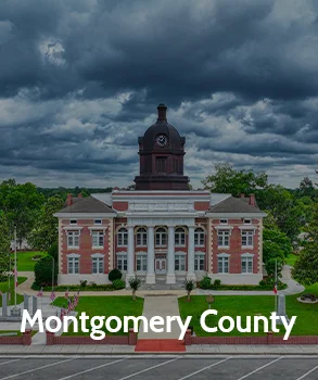 The Montgomery County courthouse with its grand clock tower, a prominent landmark representing Montgomery County and access to Montgomery County court records.