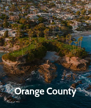 Aerial view of Orange County’s coastal landscape with palm trees and rocky shoreline, showcasing the scenic beauty and waterfront properties of the area.