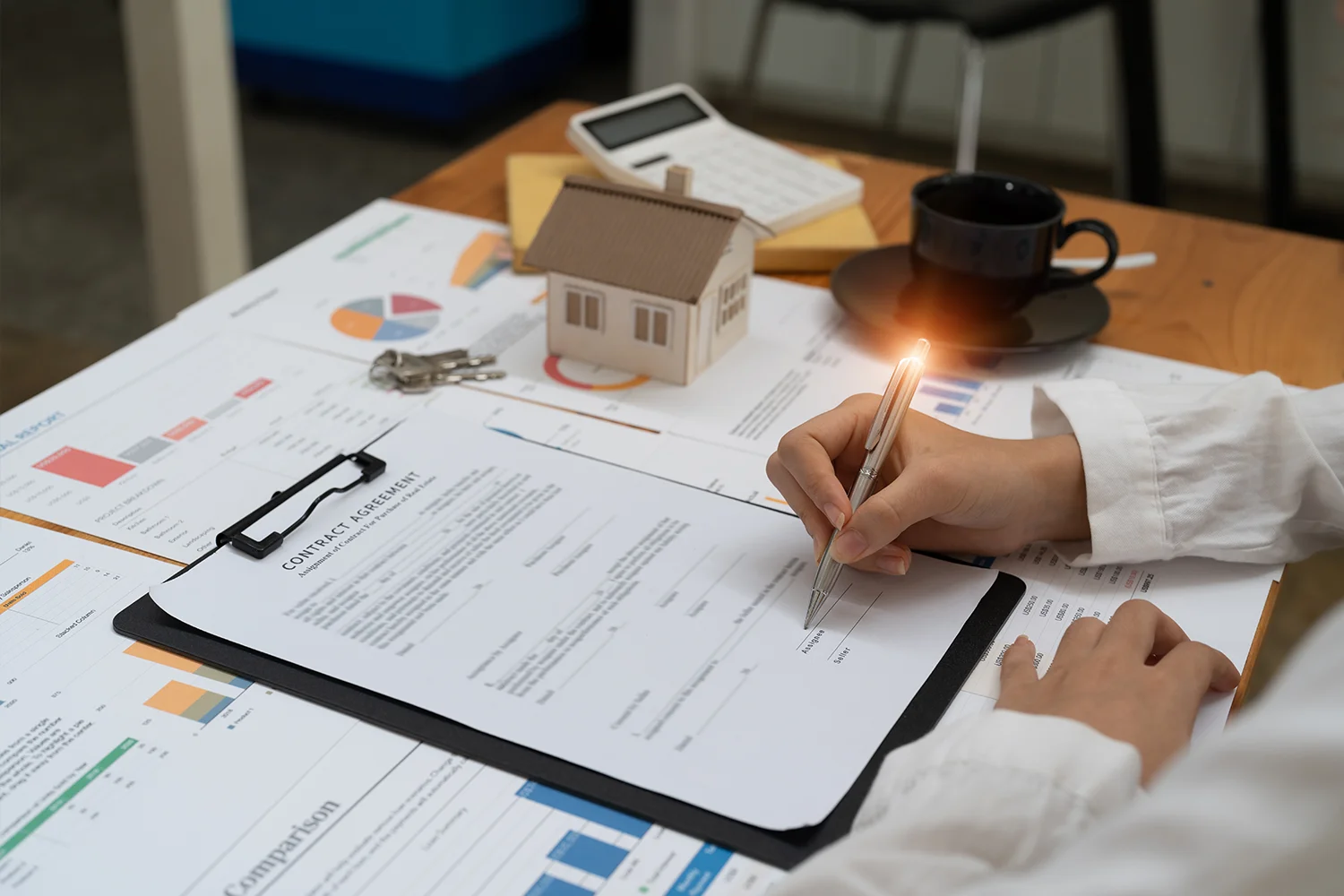 Homeowner signing property tax agreement with house model and financial documents, representing Texas property tax protest services by Tax Cutter.