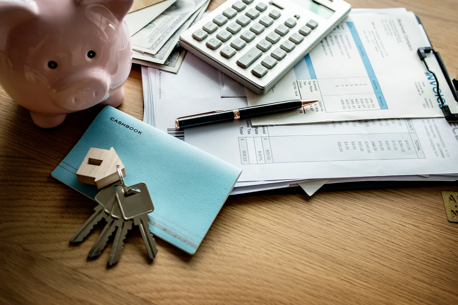 Property tax documents with calculator, house keys, and savings piggy bank, representing property tax planning and potential tax savings.