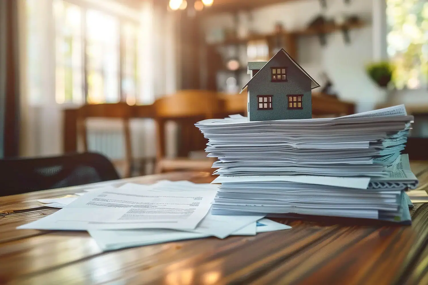 Stack of property tax documents with a small house model on top, symbolizing Houston tax protest and appeal services by Tax Cutter.