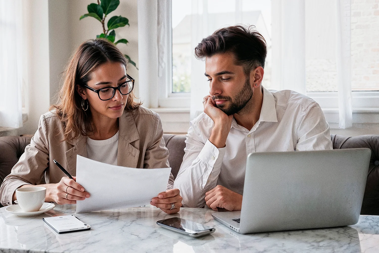 Homeowners reviewing property tax documents with laptop at home, representing Houston property tax protest and savings services by Tax Cutter.